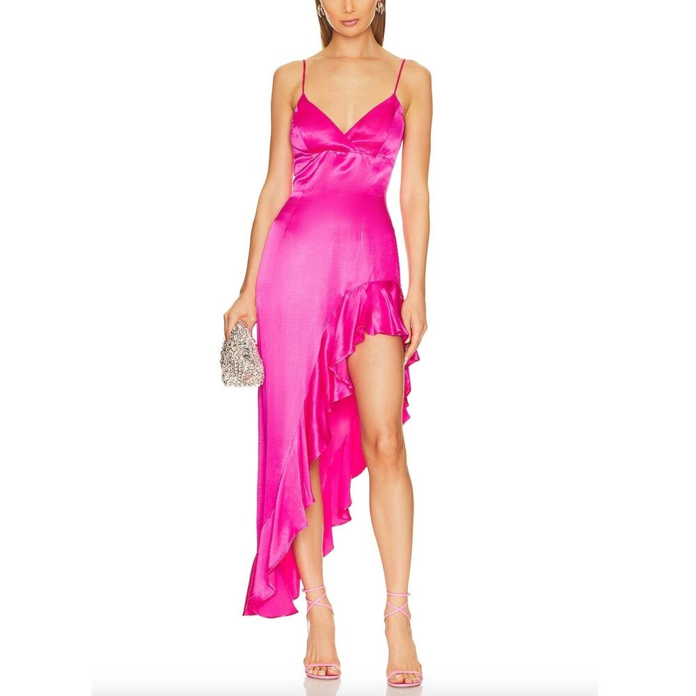 Revolve Bardot Ember Midi Dress Hot Pink Asymmetrical V-Neck Slip Dress Large